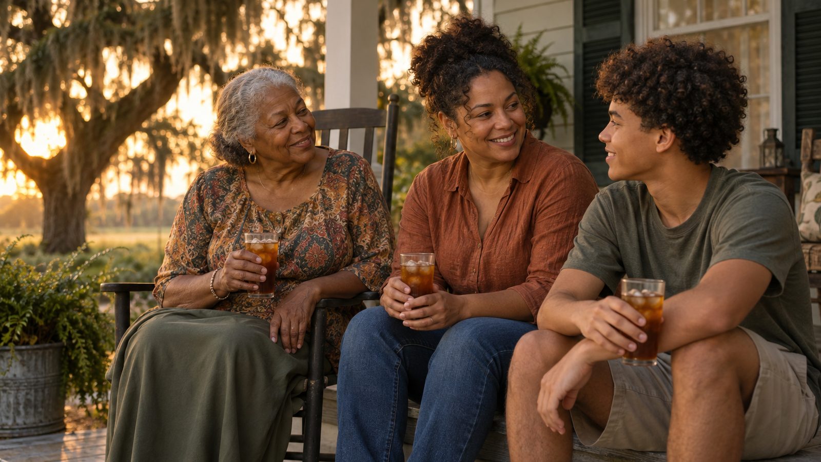 Three generations of a Black and multiracial Louisiana family talking and smiling together on a front porch at golden hour, with live oaks in the background