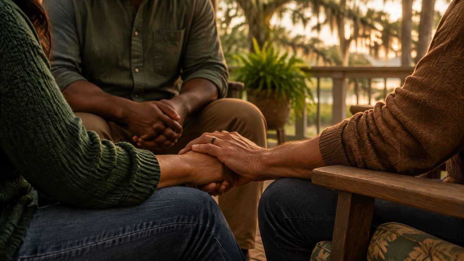 Three adults sitting together on a shaded Louisiana porch, offering quiet presence and compassionate support during grief