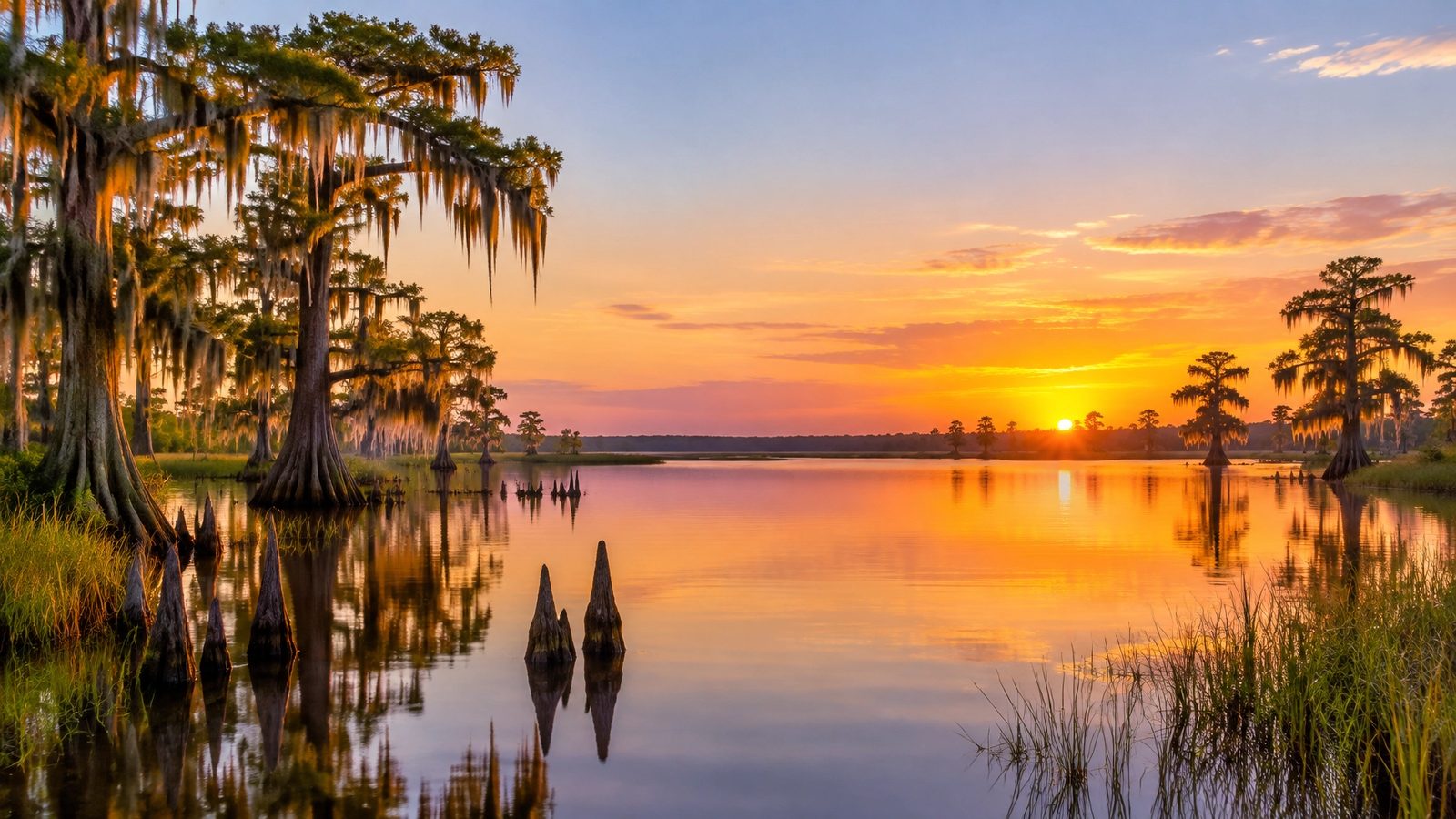 A peaceful Louisiana cypress wetland at sunset, reflecting warmth, hope, and the possibility of a steadier tomorrow
