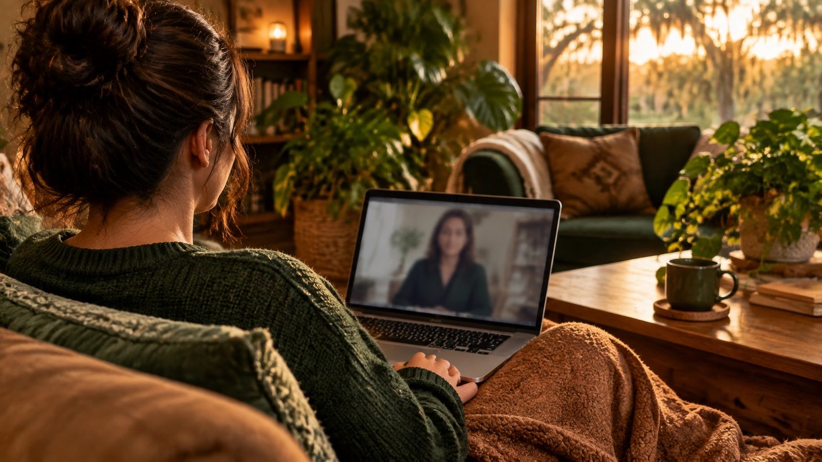 An adult settling into a quiet home telehealth counseling space with a laptop, soft light, and warm natural textures