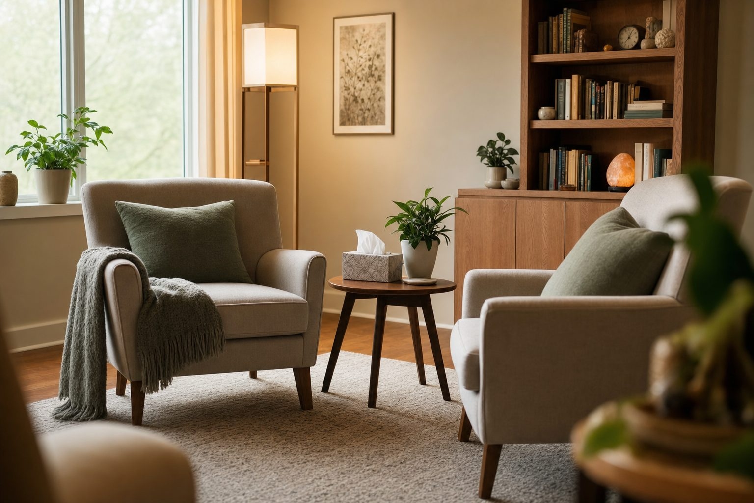 A calming counseling room set up for individual therapy sessions