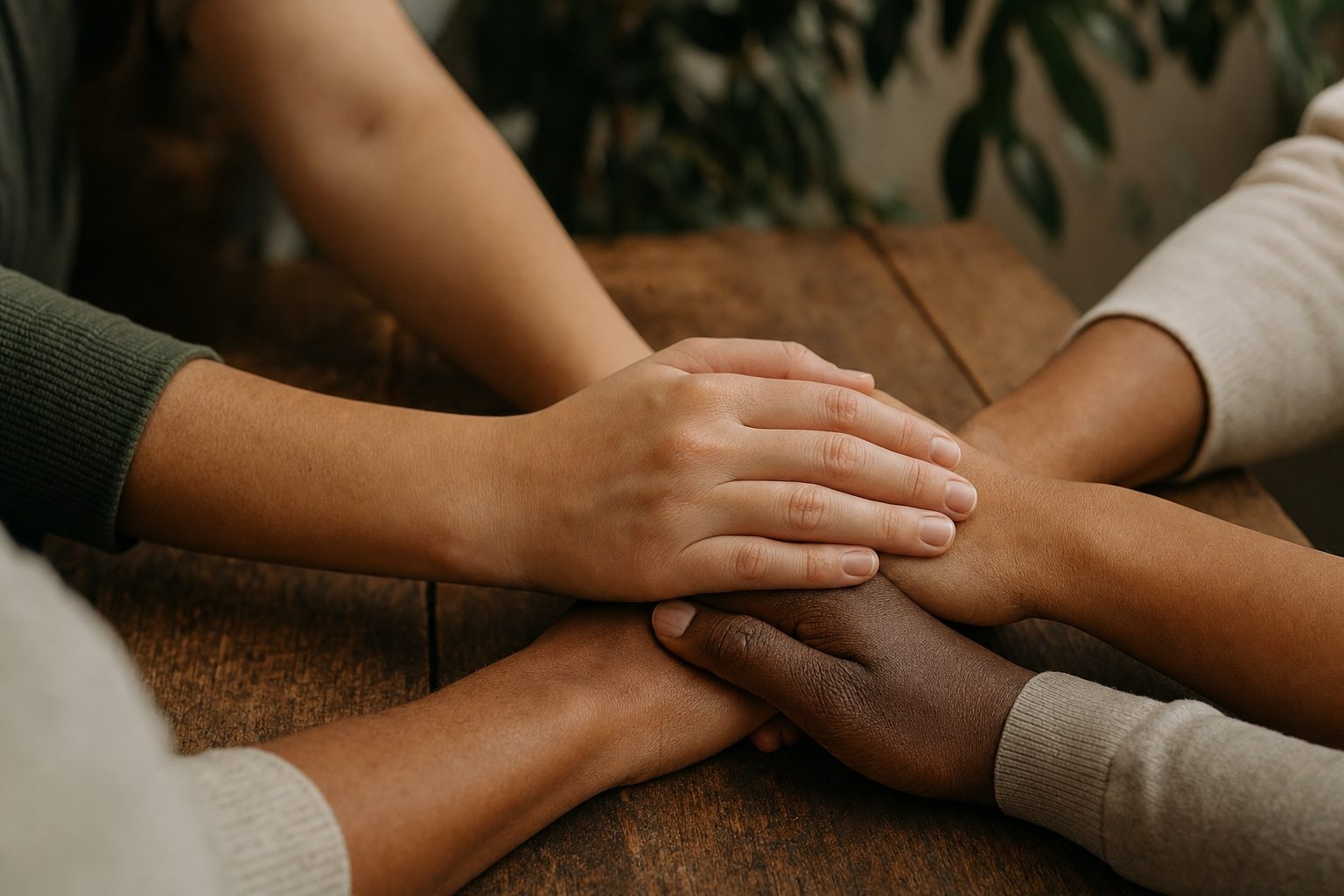 Hands of people of different skin tones joined together in a circle