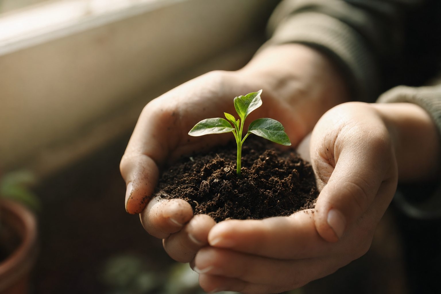 Hands cupping soil with a small green sprout, symbolizing growth and hope