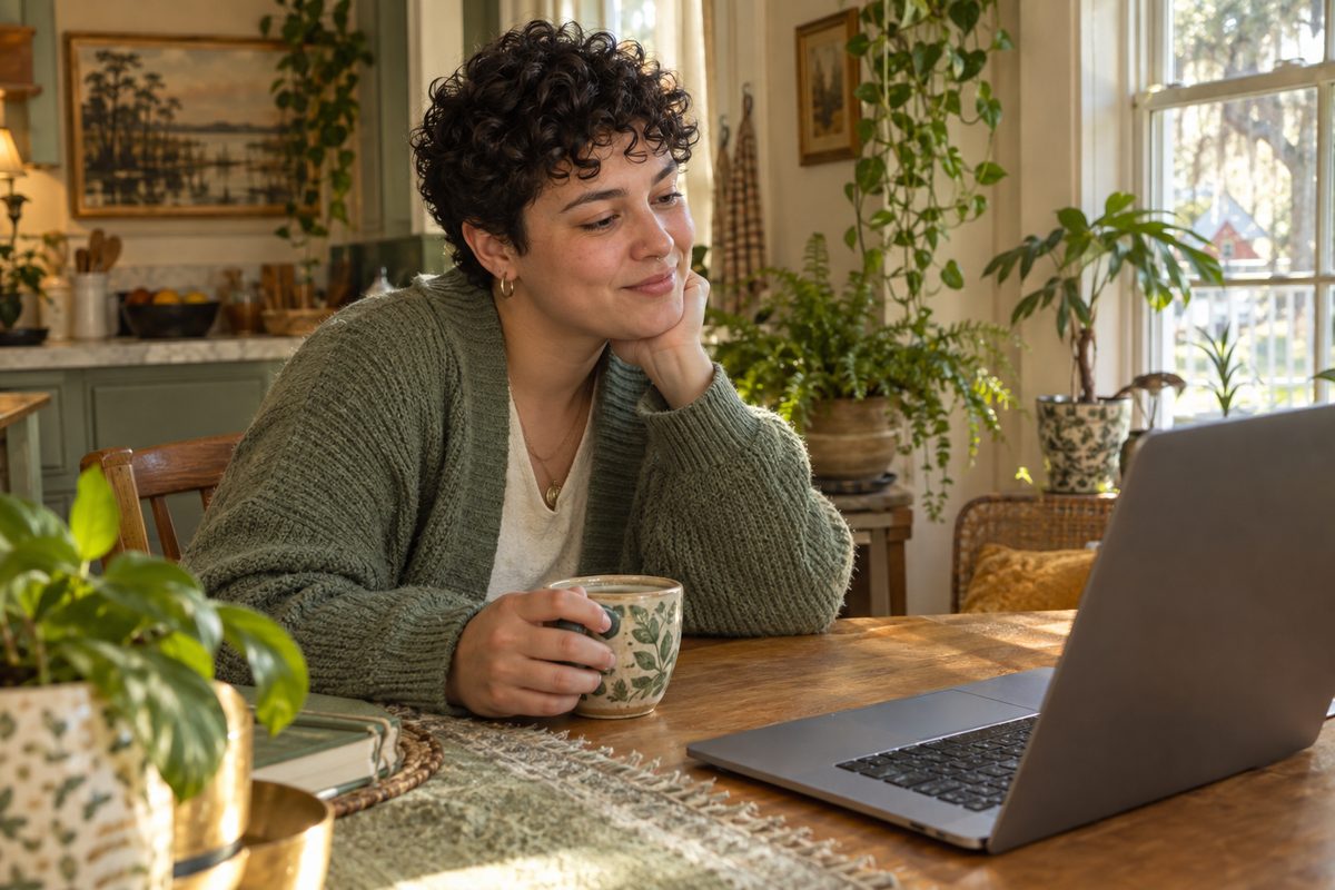 A person with short curly hair smiling during a private telehealth counseling session at home