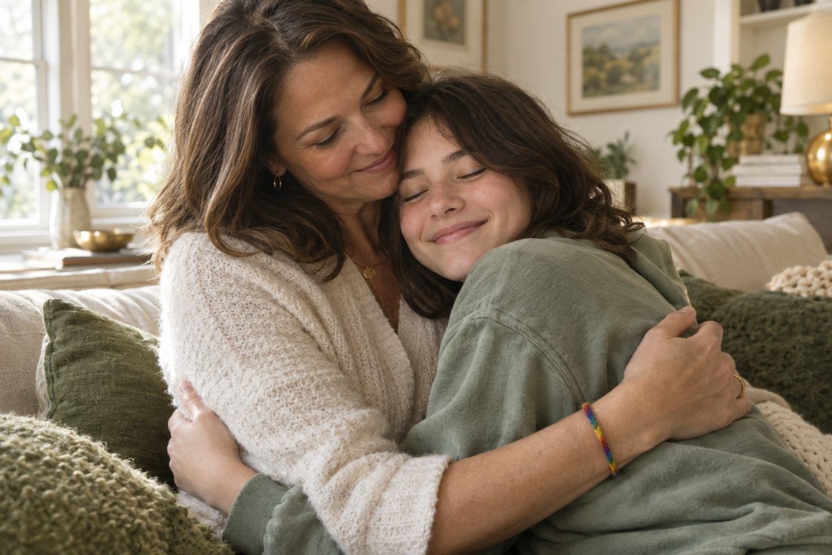 A parent and teenager sharing a warm, supportive hug at home