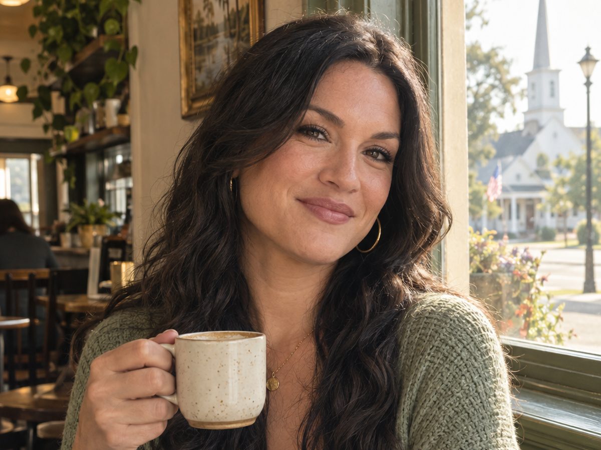 A transgender woman smiling over a cup of coffee in a warm Louisiana café