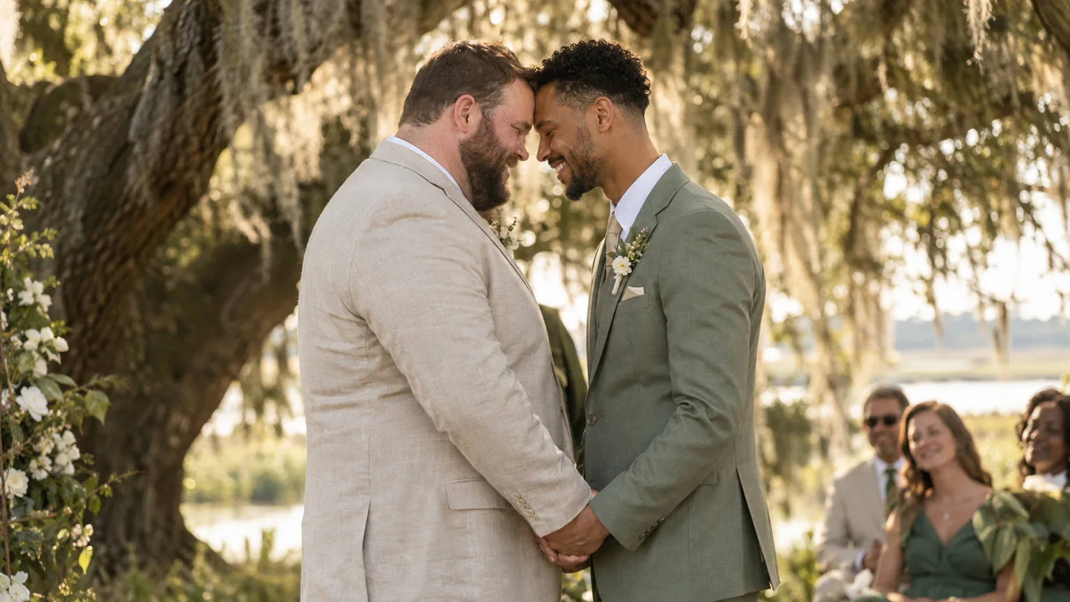 Illustrative image of a heavyset white groom and his slimmer biracial husband touching foreheads and holding hands beneath a live oak