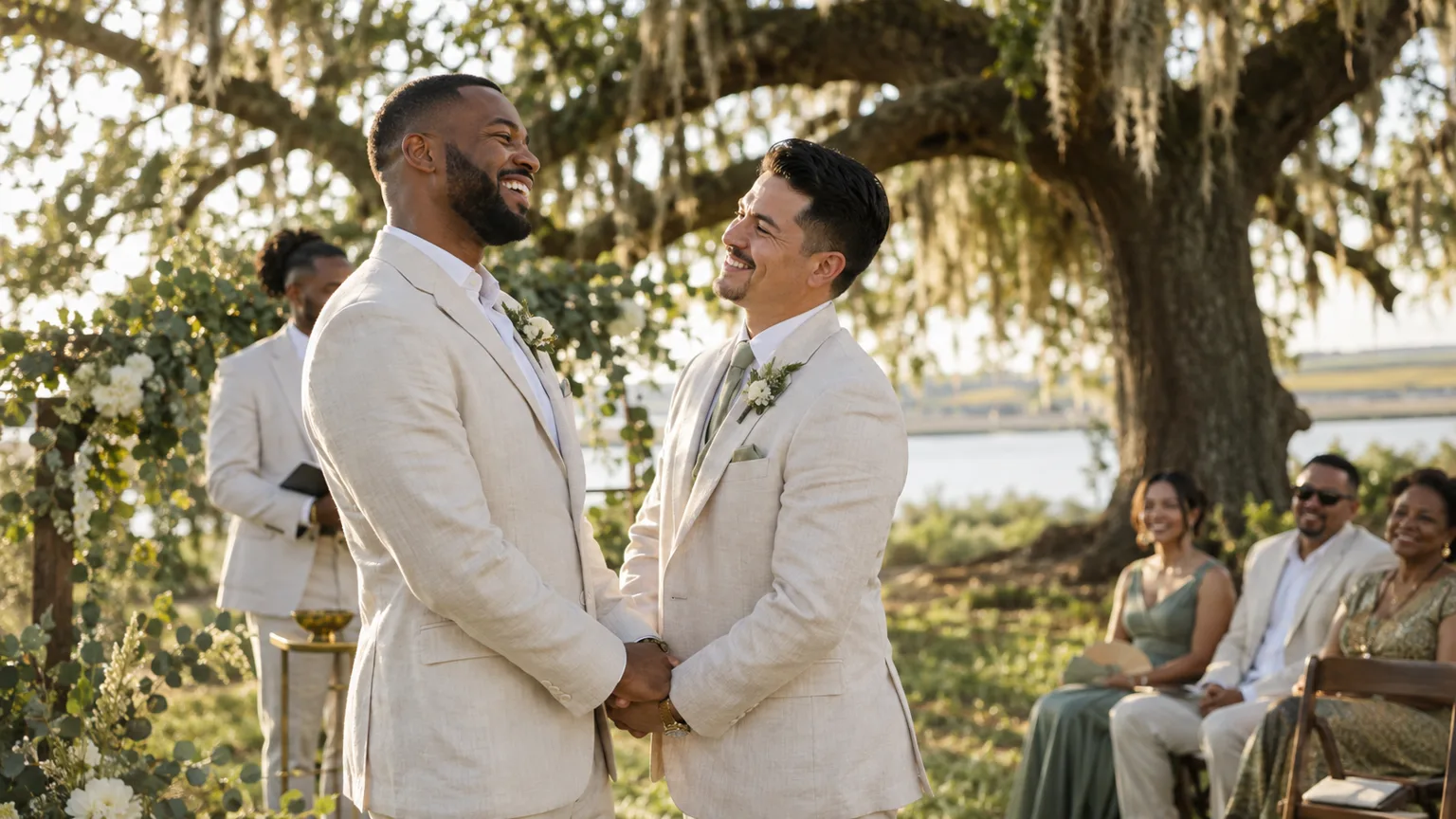 Illustrative image of two grooms in linen suits laughing and holding hands beneath a live oak at an outdoor ceremony
