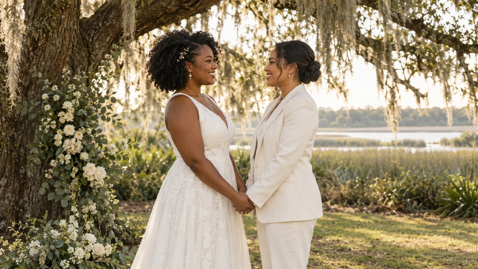 Illustrative image of two brides holding hands beneath a live oak at an intimate outdoor wedding
