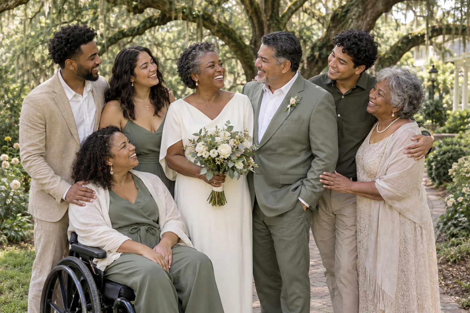 Illustrative image of a couple celebrating with a diverse multigenerational adult family, including a wheelchair user