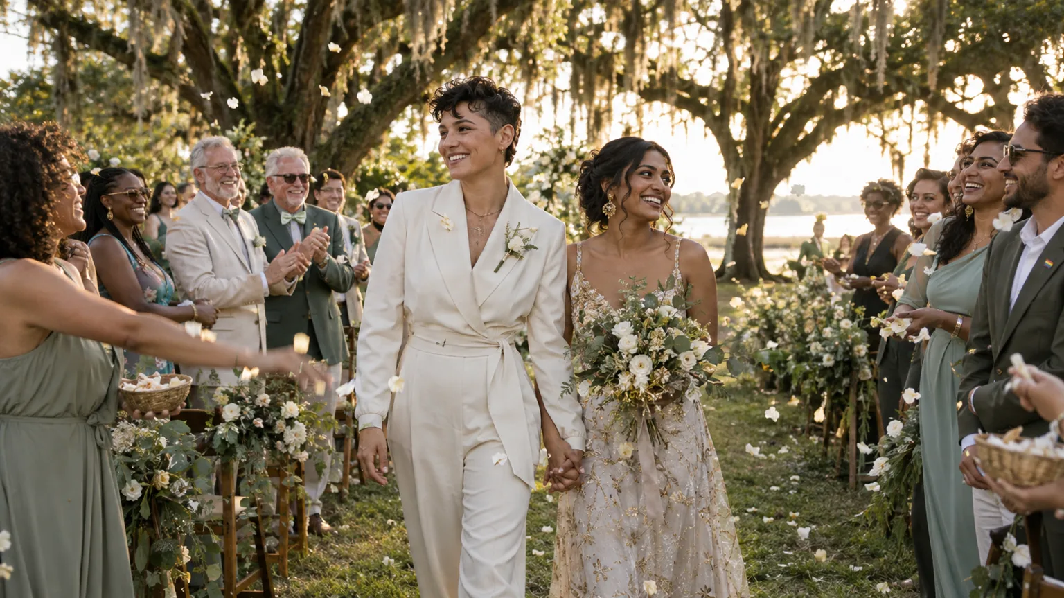 Illustrative image of a nonbinary partner and their bride walking down the aisle as LGBTQ+ friends and chosen family cheer