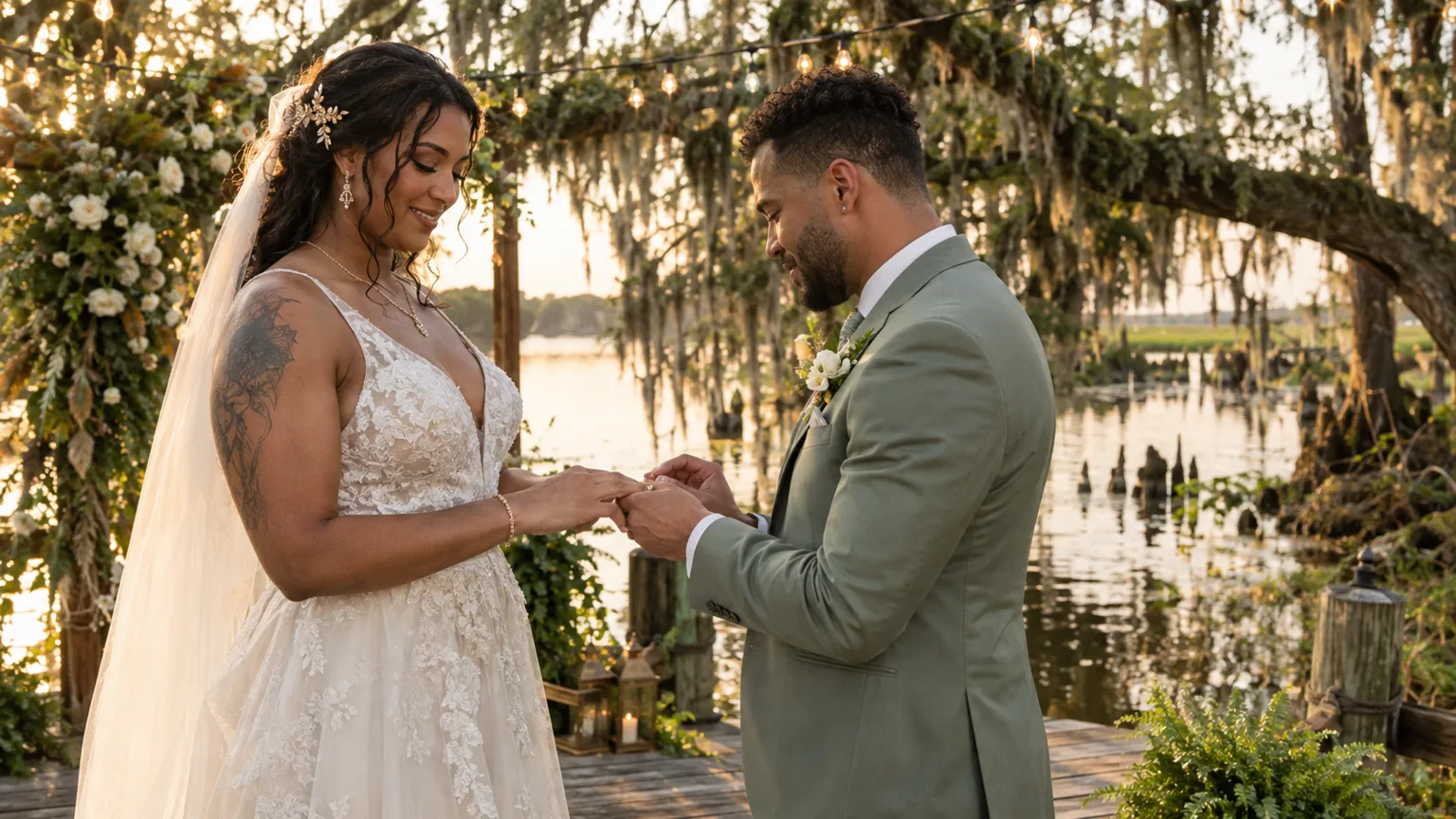 Illustrative image of a transgender bride and her groom exchanging rings on a bayou dock