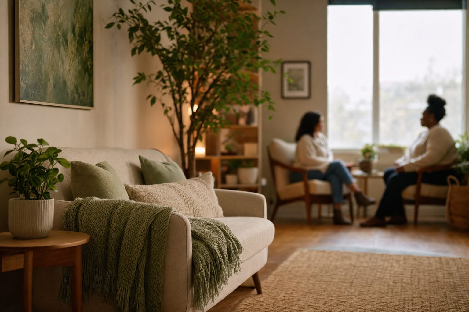 A welcoming, softly lit corner with a chair and plants